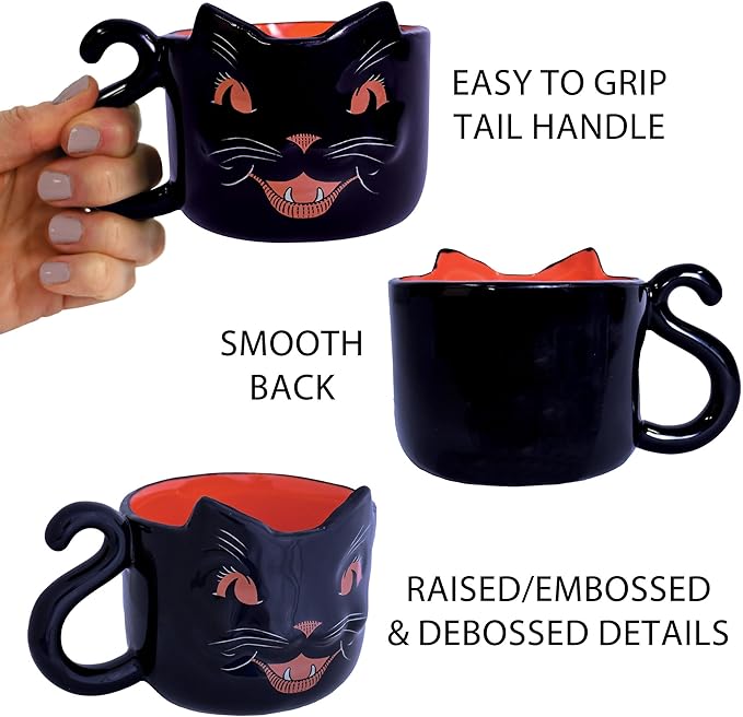 Beistle Vintage Halloween Ceramic Black Cat Mug – Retro Style Holiday Coffee Cup, Orange Drinkware with Classic Cat Face Design, Seasonal Gift Party Tableware, Dishwasher and Microwave Safe, 12 Oz