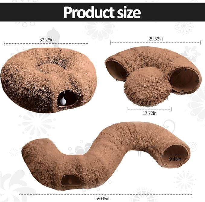 Cat Tunnel Christmas Tree Skirt， Cat Bed Under The Xmas Tree, Soft Plush Kitty Tunnel Bed with Washable Cushion, Two-Entry Peekaboo Round Christmas Cats Donut for Kitten Puppy Rabbit Ferret (Brown)