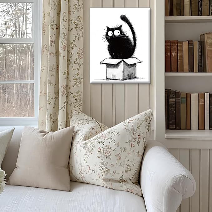 Cute Black Cat in Box Wall Art Decor Cat Lover Gifts Print Picture Modern Wall Decor for Home Living Room 8x10 Inch Canvas Framed