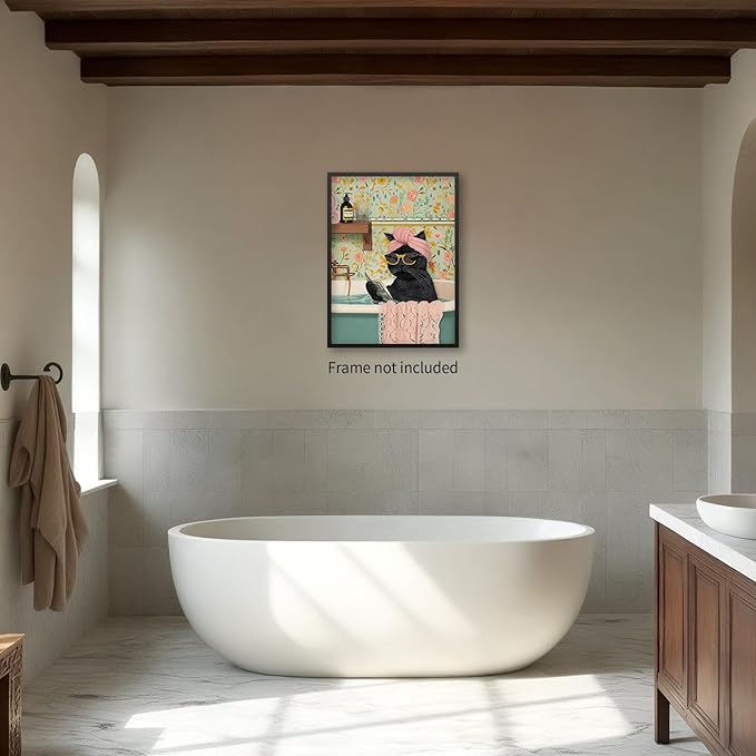 OMANI Funny Black Cat Bathroom Wall Art Cute Animal Reading Poster Trendy Preppy Aesthetic Canvas Prints for Living Room Bedroom Toilet Kids Room Wall Decor 08x10 inch Unframed