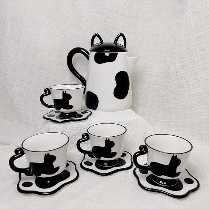 Ceramic Cat Tea Set,Cute Cat Paw Tea Mugs And Saucers Set Of 4,Perfect Cat Themed Gifts,Lovely Cat Decor,Tea Sets for Adults,Excellent Gift Idea For Cat Lovers (Black, 4)
