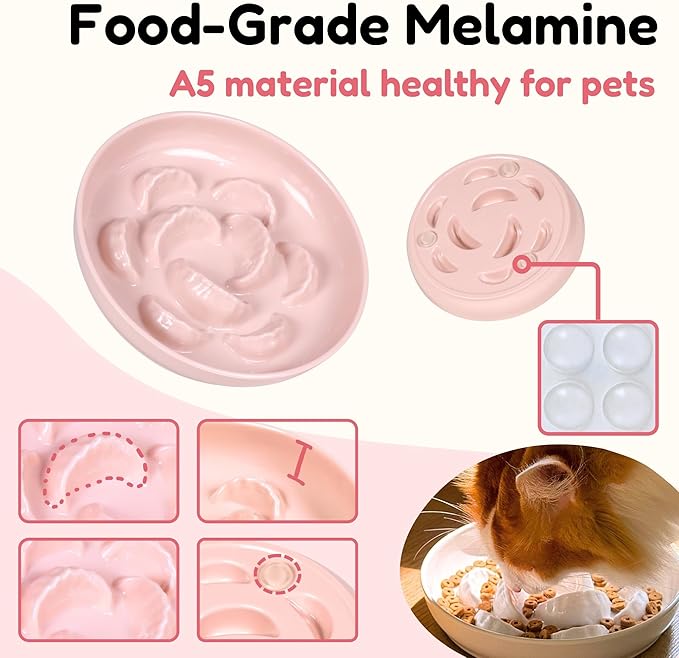 Slow Feeder Bowl for Cats and Small Dogs - Set of 3 Melamine Puzzle Cat Dish for Wet & Dry Food- Whisker Friendly & Dishwasher Safe & Non Slip Design (Pink +Blue + Green, 6.3" W × 1.2" H