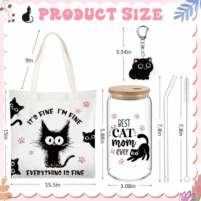 Paterr 4 Pcs Black Cat Gifts for Women Black Cat Lover Gift for Mother's Day Birthday Decorations, with Canvas Tote Bag 16oz Glass Coffee Cup with Straw Socks Cute Keychain