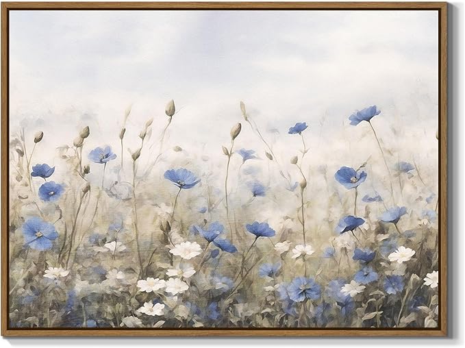 Vintage Floral Wall Art Blue White Flower Canvas Art Prints Wildflower Pictures Wall Decor Nature Landscape Oil Painting Framed Botanical Artwork for Girls Room Bedroom Farmhouse Decoration, 12''x16''