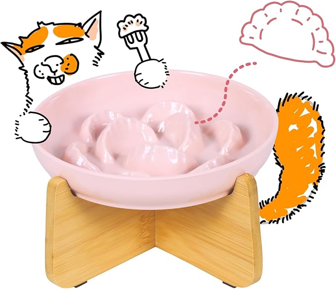 Slow Feeder Cat Bowl with Stand - Unbreakable Elevated Slow Feeder Bowl for Cats - Melamine Puzzle Raised Cat Food Bowl - Whisker Friendly & Wet & Dry Food- Dishwasher Safe & Non Slip (Pink