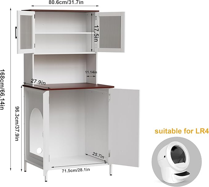 PakaLife Cat Litter Box Enclosure Furniture for Self-Cleaning Litter Box, Wood Cat Washroom Furniture with Cabinet, Shelves and Doors