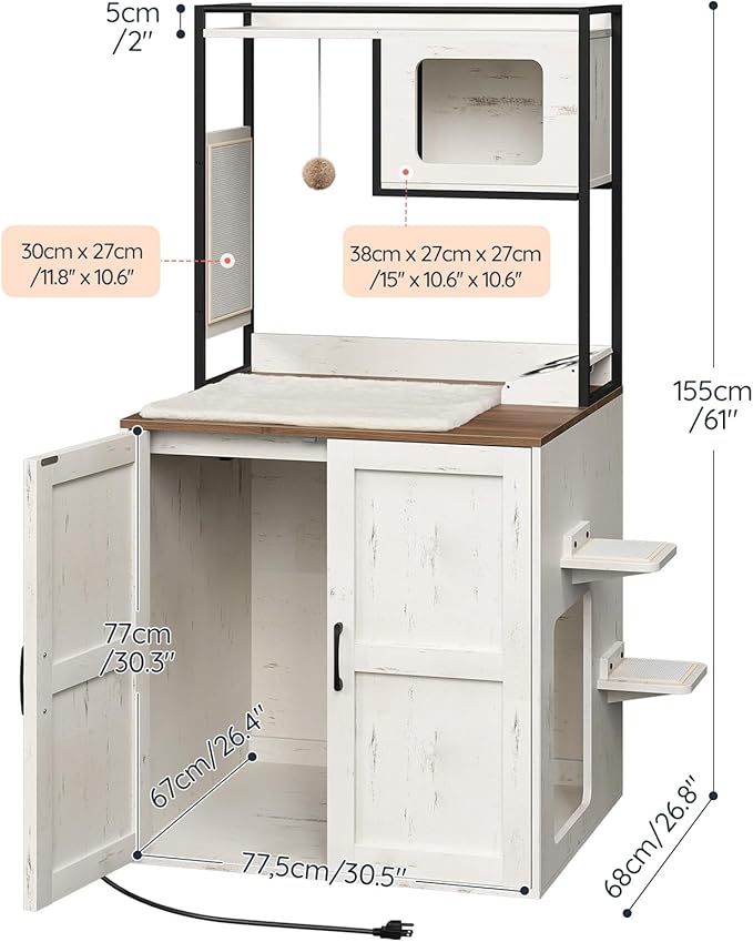 HOOBRO Cat Automatic Litter Box Enclosure Furniture, 30.5" L x 26.8" W x 61" H, Hidden Robotic Litter Box Cabinet, Dog-Proof Shelf with Charging Station, Scratching Mat, Bowls, White WH68UMZ03