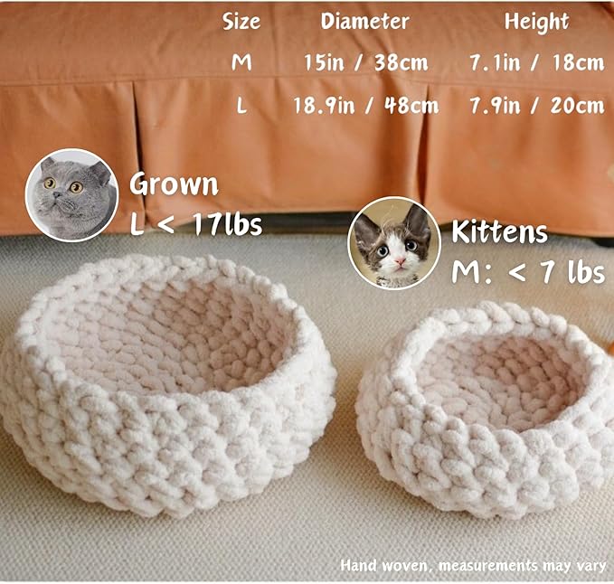 Cat Nest Bed - Premium Self Warming Handwoven Washable Extra Soft Round Cave House for Indoor Kitten & Kitty, Small & Large (Persimmon Yellow,Large)