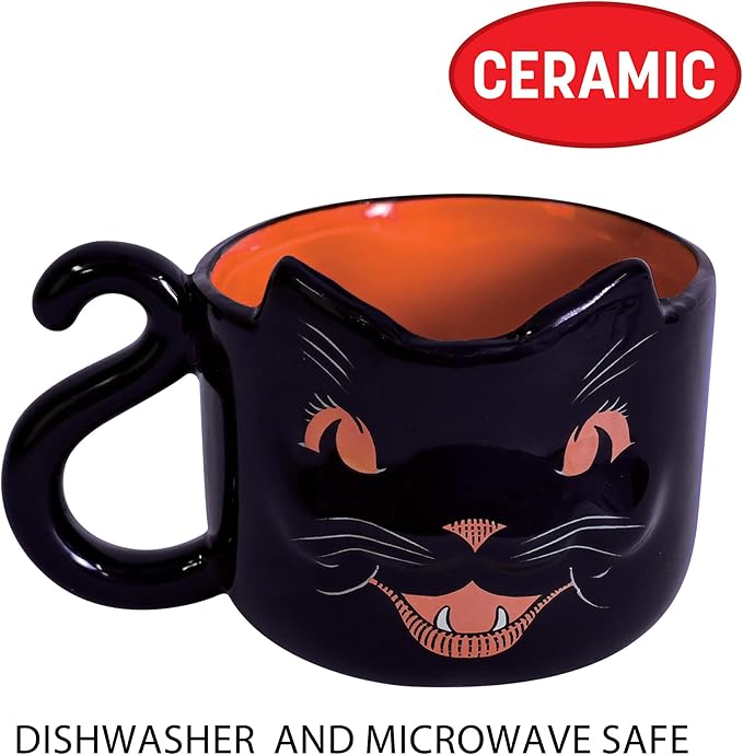 Beistle Vintage Halloween Ceramic Black Cat Mug – Retro Style Holiday Coffee Cup, Orange Drinkware with Classic Cat Face Design, Seasonal Gift Party Tableware, Dishwasher and Microwave Safe, 12 Oz