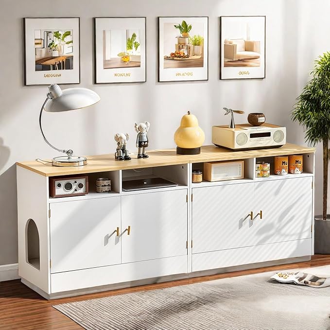 Cat Litter Box Enclosure for 2 Cats, TV Stand with Storage & Outlet, 63" Double Litter Box Enclosure Furniture, Wooden Enclosed Litter Box Cabinet, 63”L x 15.7”W x 23.6”H, White & Wood