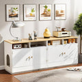 Cat Litter Box Enclosure for 2 Cats, TV Stand with Storage & Outlet, 63" Double Litter Box Enclosure Furniture, Wooden Enclosed Litter Box Cabinet, 63”L x 15.7”W x 23.6”H, White & Wood
