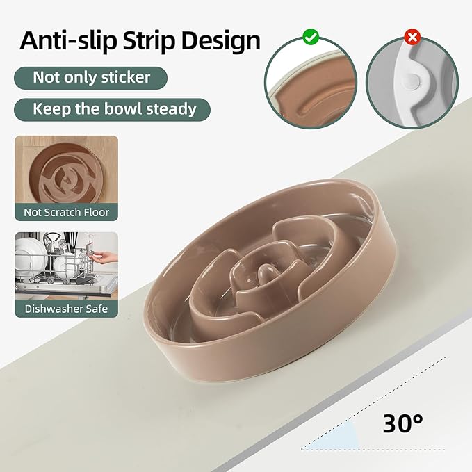 3.2 Cup Ceramic Raised Slow Feeder Dog Bowl Set, Elevated 8.2inch Bowl and 9.5inch Puzzle Slow Food Dish with Wooden Stand for Large Dog, Anti-Gulping (2 x Brown Coffee+ Stand)