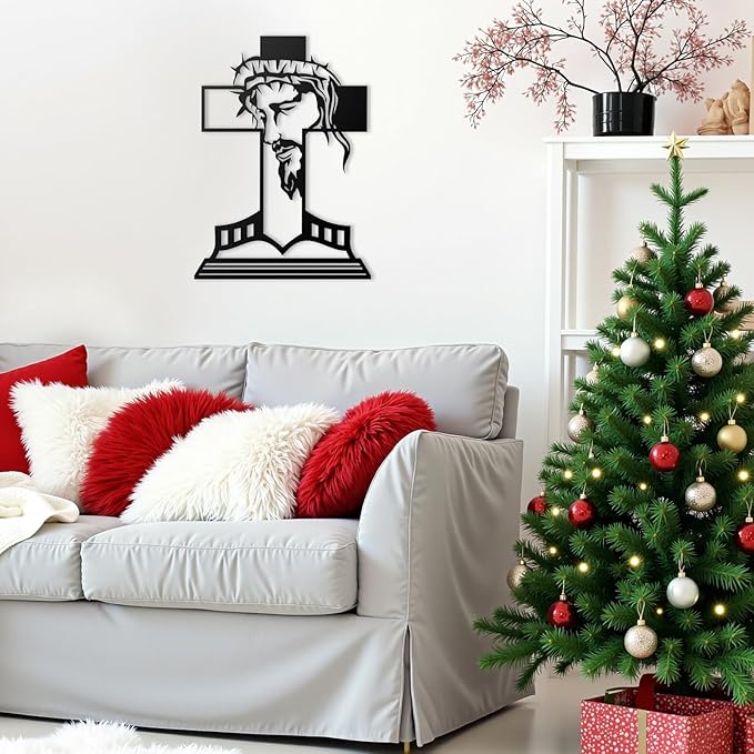 MDFUGEG Metal Cross Jesus Wall Decor-14.5x10.04in Black Religious Wall Art for Christian Catholic | Home Church Living Room Bedroom Decor, Baptism Mother's Day Religious Gifts