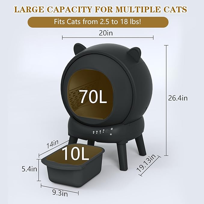 Automatic Cat Litter Box, Self Cleaning Litter Box Smart Robot for Multiple Cats, APP Real-Time Monitor, Odor & Noise Control, Safe Anti-Pinch, Trash Bag Included, Black