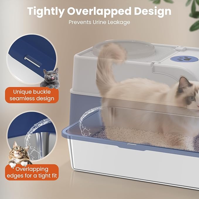 Stainless Steel Litter Box with Lid, Top Entry Extra Large Litter Box Enclosure for Kitty & Big Cats, Non-Stick Metal Cat Pan with Dual Storage Footboard, Trapping Mat & Scoop Included