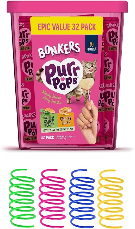 Bonkers Purrpops Cat Treats, Catnip and Chicken Flavors, 32 Count, with 4 Colorful Spring Cat Toys