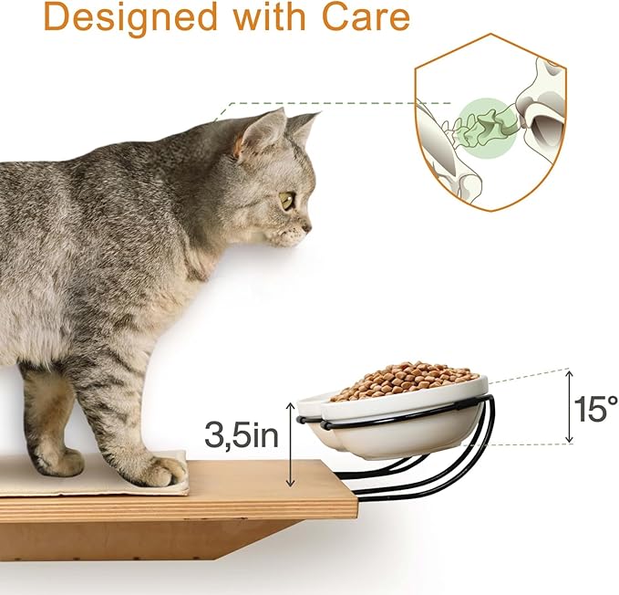Wall Mounted Cat Shelves with Elevated Ceramic Feeding Station–Scandinavian Floating Design, Solid Plywood, Two Climbing Steps with Cotton Mats, Modern Cat Wall Furniture Set 300 ml Bowls