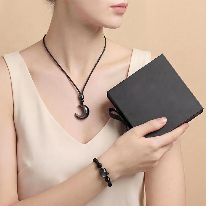 Black Obsidian Cat Bracelet and Moon Pendant Necklace Jewelry Set-Cat Lover Gifts,Wealth Attraction,Good Luck,Bead Bracelet,Mindfulness,Beaded Bracelets, Obsidian Pendant Necklace-Cute Gifts for Women
