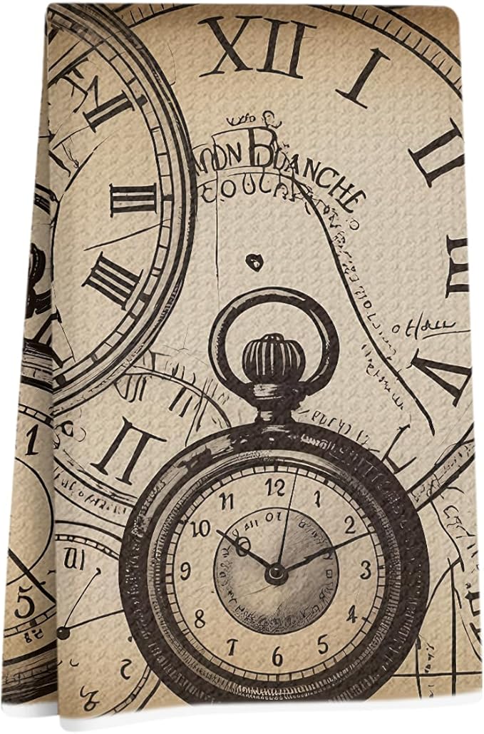 Ancient Pocket Watch Kitchen Towels, Retro Clock Decorative Absorbent Microfiber Dish Cloth Tea Towel, Waffle Soft Hand Towels for Farmhouse Home Bathroom Decor, Housewarming Gifts
