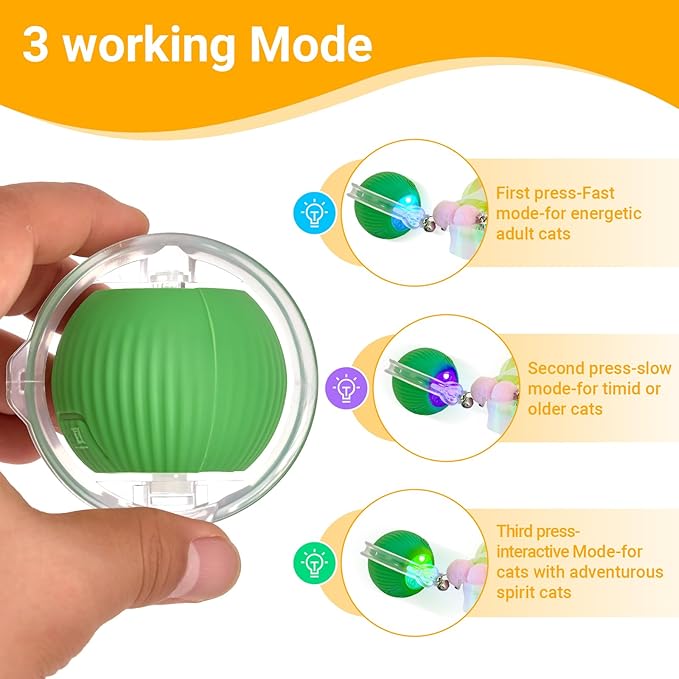 Interactive Cat Toy Ball, Automatic Cat Toys for Indoor Cats, Motion Activated Kitten Toys with 2 Replacement Tails, USB Rechargeable, Moving Cat Toys for Enrichment Exercise(Green)