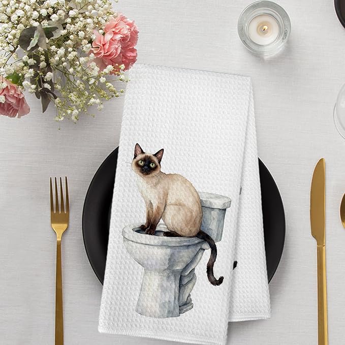 Funny Siamese Cat Hand Towels for Washroom Bathroom Toilet Decor, Siamese Cat Gifts for Women Men, Cat Lover Gift Decorative Hand Towels Set of 2, Kitty Themed Dish Tea Towel, 16x24 Inch