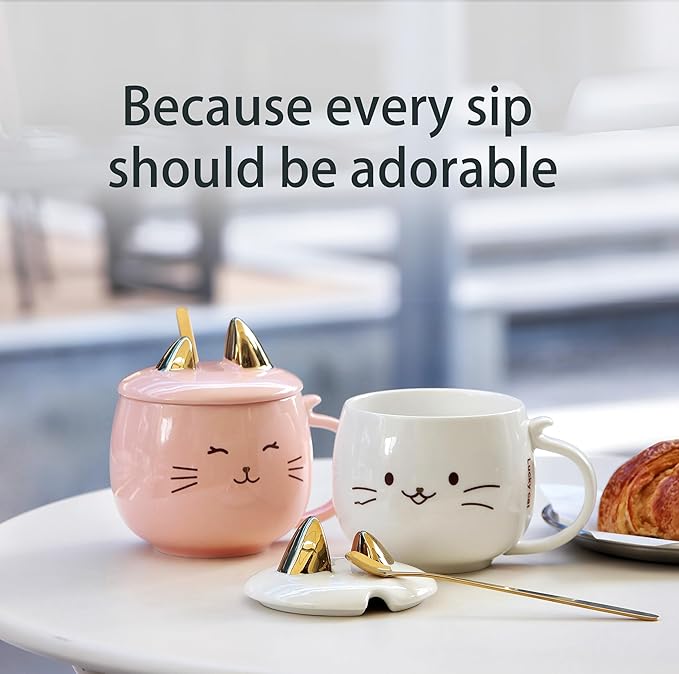 Yuwu Cat Ceramic Coffee Mug with Spoon & Lid, 13.5 oz Novelty Mug with Phone Stand Lid, Cute Tea Cup for Women & Cat Enthusiasts (White)