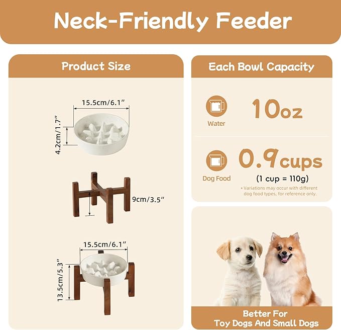 Ceramic 0.9 Cup Raised Slow Feeder Dog Bowl Set, Elevated Bowl with Acacia Wood Stand for Small Dog and Cat, 6.1inch Slow Dog Food Dish, Helps Stop Bloat(1 Bowl & Stand, Vanilla White)