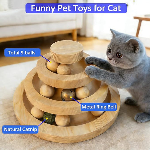 Cat Ball Track Toy with Catnip Ball and Metal Bell 3 Tier Cat Tower for Indoor Cats Wooden Interactive Cat Toy for Hunting Physical Exercise 9 Removable BallsPuzzle Kitten Toys