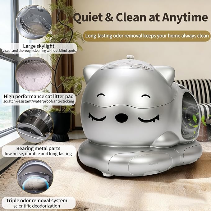 Automatic Cat Litter Box for Multiple Cats, Large Capacity Detachable Top Self-Cleaning Litter Box with App Control & AI Monitoring, Odor Control, Safety Sensors (Silvery)