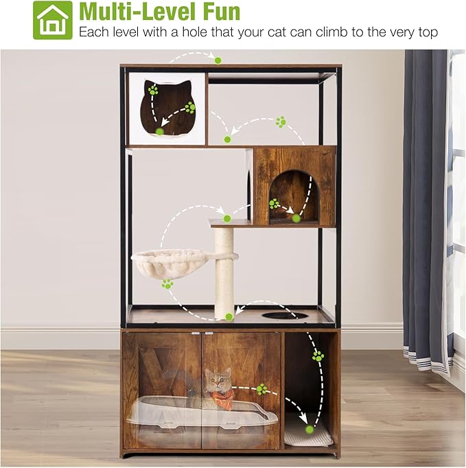 GUTINNEEN All-in-One Cat Litter Box Enclosure Hidden Litter Box Furniture with Cat Tree, Scratching Post, Cozy Cat Cave, Hanging Hammock, Storage Cabinet, Durable & Space-Saving (Brown)