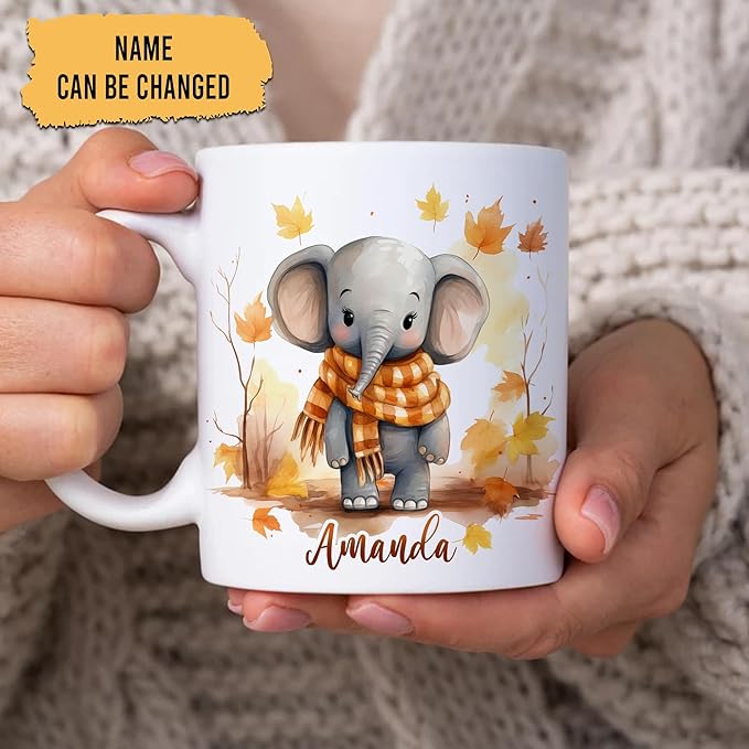 Hyturtle Personalized Fall Elephant Maple Leaves Coffee Mug - Birthday Gifts For Elephant Lovers - Fall Autumn Decor Gifts For Farmhouse Thanksgiving - Custom Name 11oz White Ceramic Coffee Tea Mug