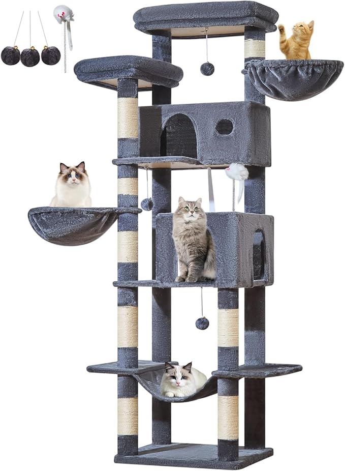 Taoqimiao Cat Tree Tower, 76-Inch Sturdy Cat Tree for Indoor Cats Large Adult Cat Tower with Scratching Posts，2 Condos, 2 Perches, 2 Large Hanging Baskets, Soft Hammock, MS046G Smoke Gray