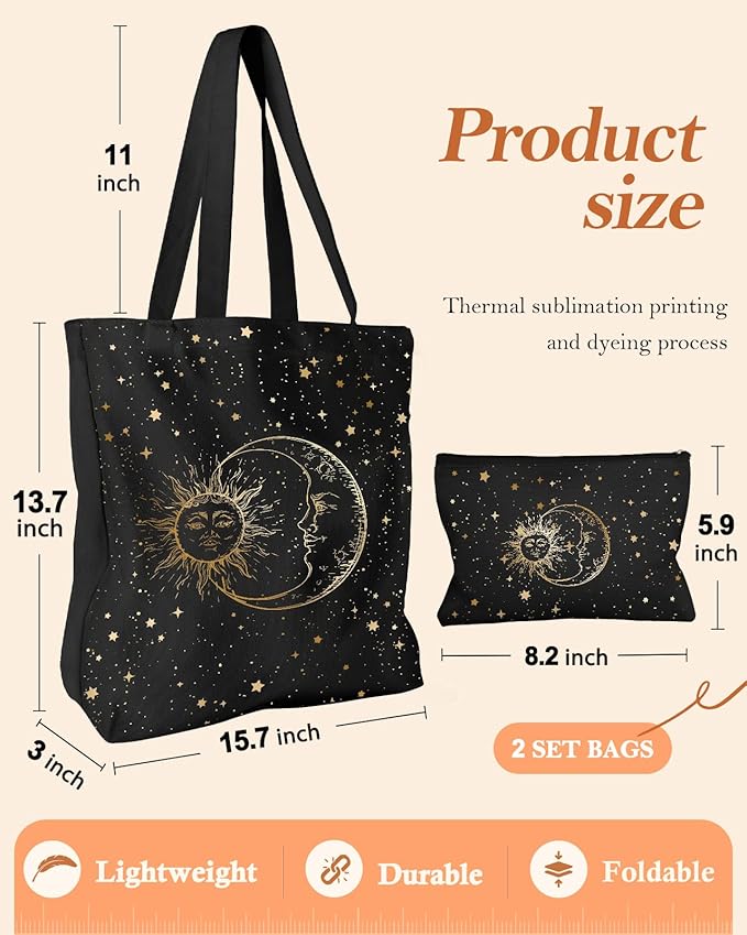 Miss Adola Aesthetic 2 Pack Canvas Tote Bag - with Makeup Zipper Pouch for Women Bag for Shopping, Gym, Travel, Vacation