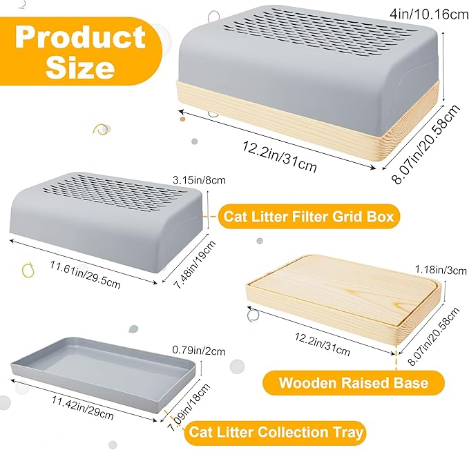 Cat Ramp for Litter Box with Wooden Base, Catcan Litter Box Step with Filter Function Double Layered Self-Cleaning Cat Litter Trapper for Small & Elderly Cats