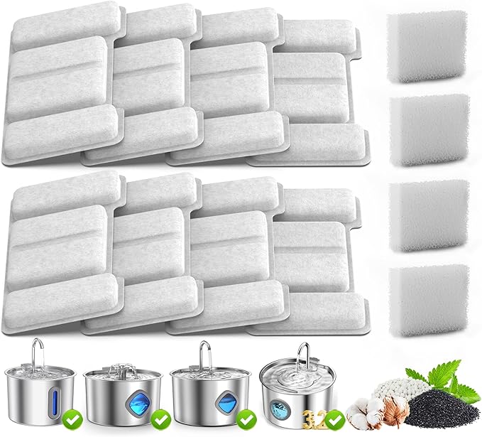 Cat Water Fountain Filter for 108oz/3.2L Stainless Steel Automatic Cat Fountains,Pet Water Dispenser Filter Replacement,Contains 8 Filters and 4 sponges