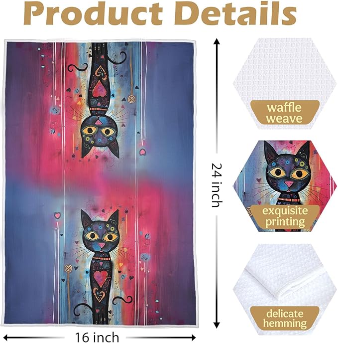 Black Cat Kitchen Towels Set - Cat Lovers Mom Gifts Waffle Decorative Dish Towels, Abstract Whimsical Kitten Hand Towel for Bathroom, Tea Towel, 16x24 Inch