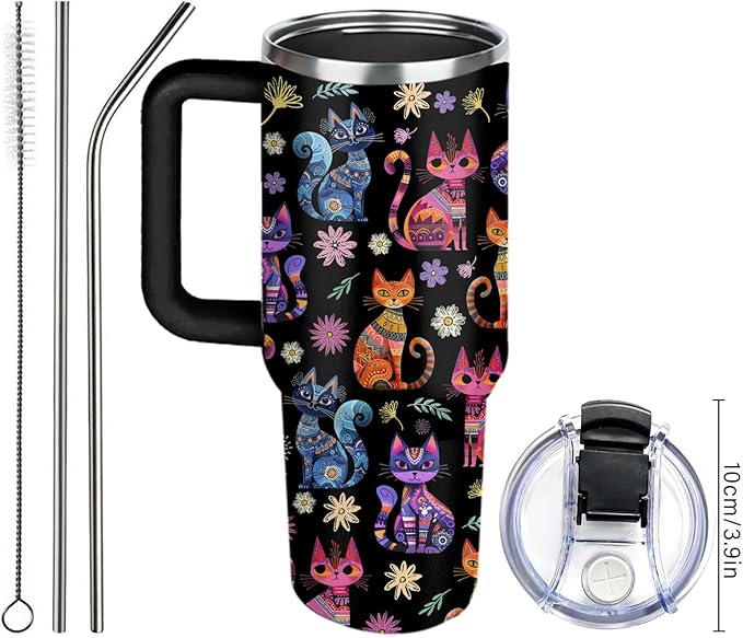 Cat Gifts for Women Cats Tumbler with Handle 40Oz Christmas Birthday Flowers & Elegance Cats Gift for Cat Lover Owner