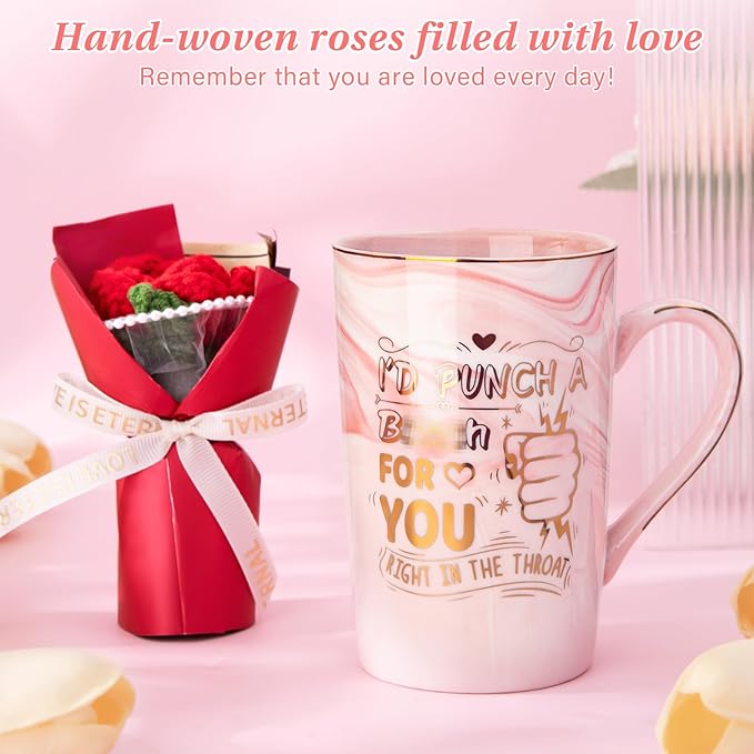Mothers Day Gifts for Mom Wife from Daughter Son, Funny Birthday Gifts for Women – 14oz Ceramic Marble Mug with Gold Print and Knitted Bouquet, Unique Gift Set for Mom, Her, Wife, Sister, Friendship