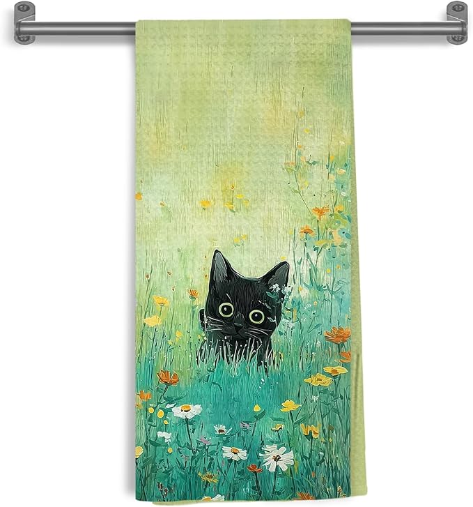 Green Meadow Floral Black Cat Decorative Kitchen Towels, Cat Lover Mom Lady Gifts, Aesthetic Cute Black Kitten Flower Hand Tea & Dish Towels for Bathroom Kitchen, 16x24 Inch