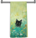 Green Meadow Floral Black Cat Decorative Kitchen Towels, Cat Lover Mom Lady Gifts, Aesthetic Cute Black Kitten Flower Hand Tea & Dish Towels for Bathroom Kitchen, 16x24 Inch