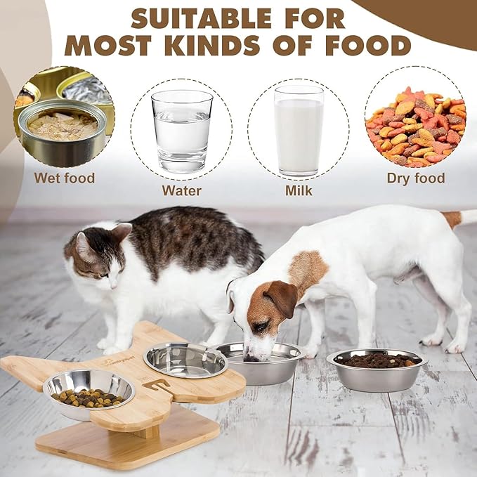 Elevated Dog Bowls Raised Pet Bowl Natural Bamboo Stand with 2 Stainless Steel &1 Slow Feeder Food Bowls Non-Slip Dog Feeder for Puppy Small Dogs and Cats