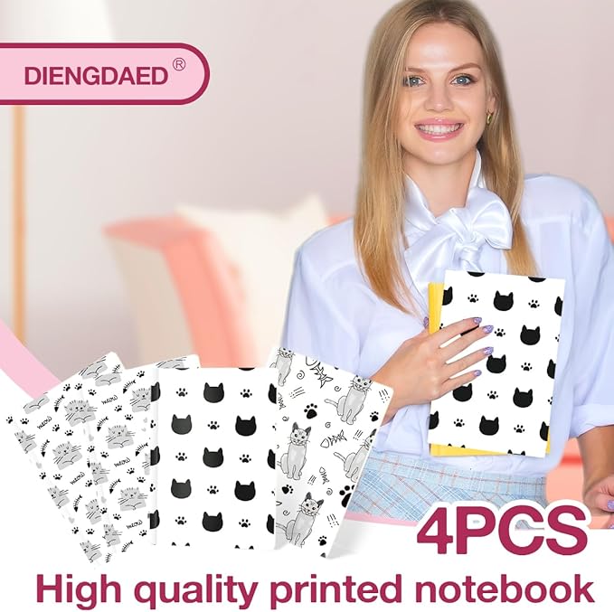 Cat Notebooks for Work, 4 Pcs A5(8.26x5.7inch) College Ruled Notebook Journal for Women, Cute Notepads Journals for Writing, Cute Diary Stationary Cat Lover Gifts 4