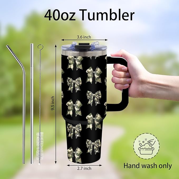 Camo Bow Tumbler 40 oz - Camouflage Bow Tumbler with Handle and Straws, Leak-proof, BPA-free, Insulated Stainless Steel Tumblers, Travel Coffee Mugs - Bowknot Lovers Birthday Gift Cup for Women