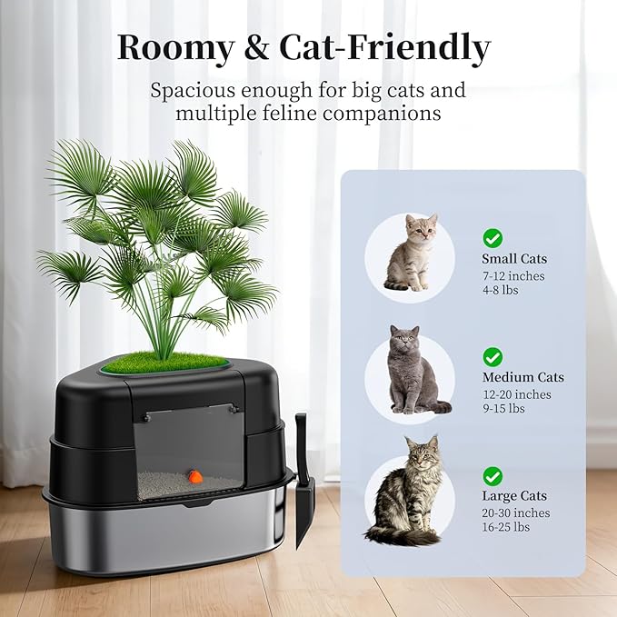 XXL Stainless Steel Corner Cat Litter Box with Lid, Enclosed Hidden Plant Litter Box with Artificial Plant, Easy-Clean Covered Decorative Litter Box for Large Cats, Black