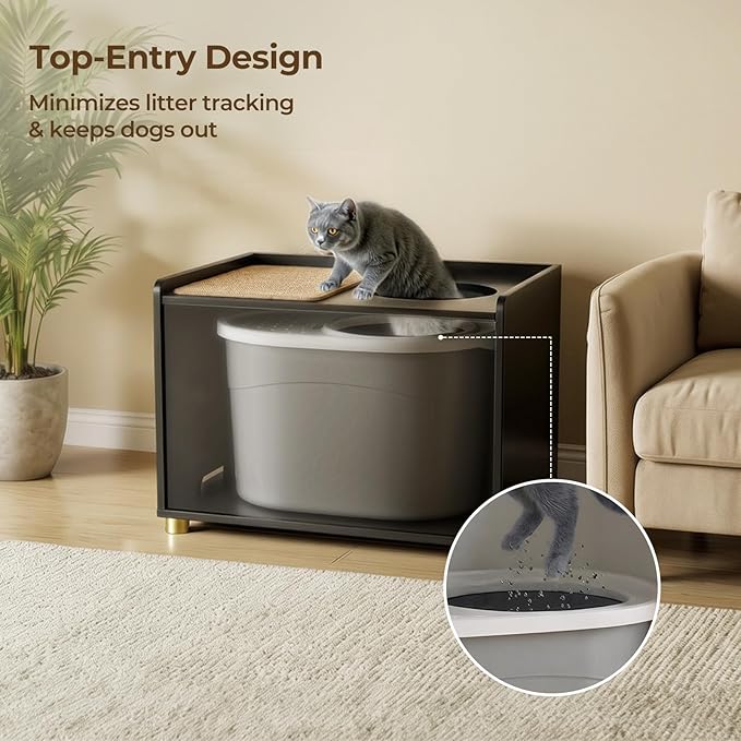 Top Entry Litter Box Enclosure, Flip Top Cat Litter Box Furniture with Scratch Mat, Stylish Hidden Cat Washroom for Large Cats (Black)