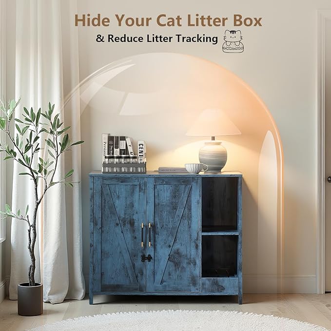 Cat Litter Box Cabinet with Litter Collector and a Dog-Proof Adjustable Shelf,Litter Box Enclosure Compatible with Cat Robot 3 & 4, and Integrated Power Outlet (Blue)