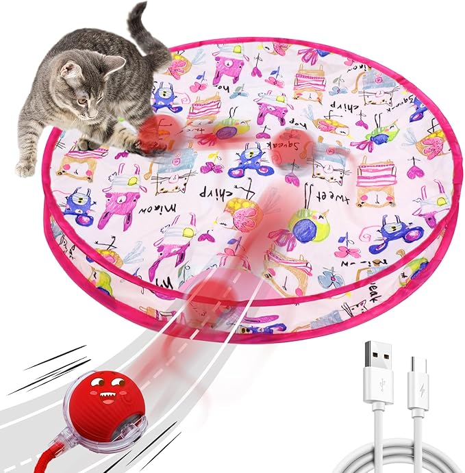 Interactive Cat Toy for Indoor Cat, Hide and Seek Cat Toy, Play Mat Toys with Self Rolling Ball in Pouch, Motion Activate&Buzzing, Rechargeable Pet Teaser Toy (Red)