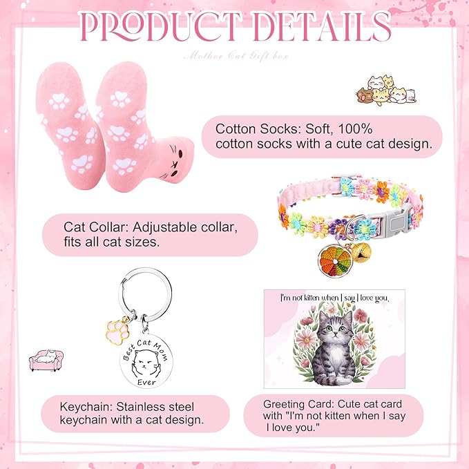 Sadnyy 8 Pcs Cat Themed Gifts for Women Cat Lovers Funny Crazy Mom Gifts Box Basket Set 16 oz Glass Cup Tote Bag Crochet Animal Keychain Stuff Present for Lady People Who Love Kitten Birthday