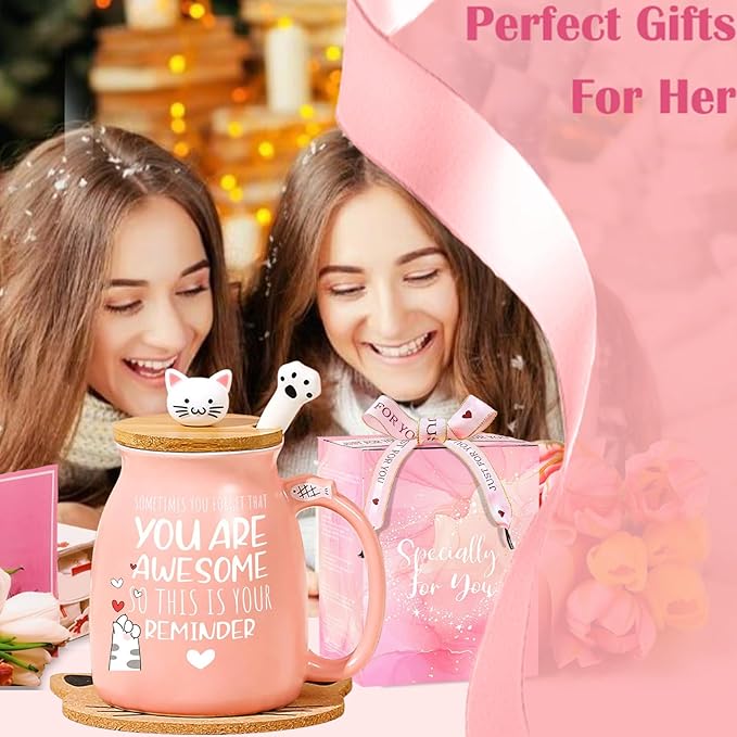 BigNoseDeer Thank You Gifts for Women Cute Cat Coffee Mug Birthday Friendship Christmas Gift for Women Female Mom Cat Lovers Present Kawaii Stuff Funny Tea Cup Stocking Stuffers White Elephant Gifts