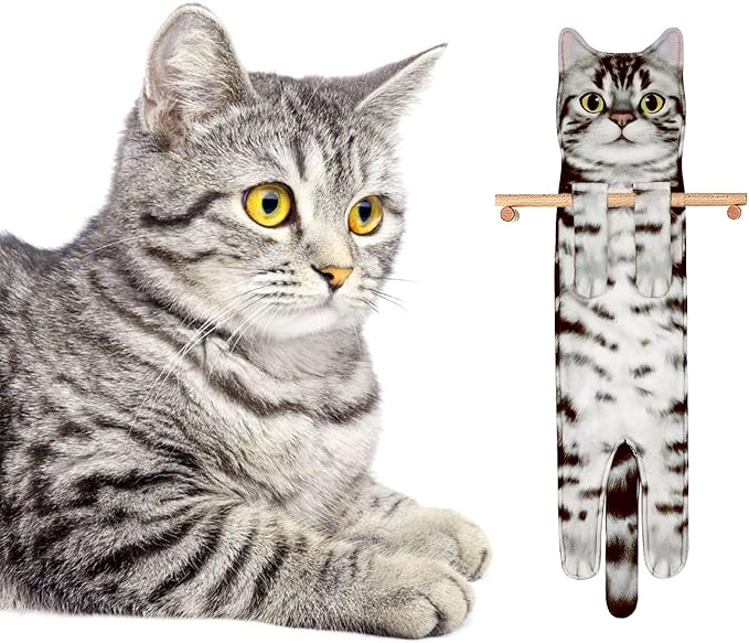 Funny Hand Towels for Bathroom Kitchen Decor - Cute Cat Hanging Hand Towel Kitchen Gadgets - Unique Housewarming Birthday Christmas Cat Lover Gift Ideas for Women Mom Lady Adults